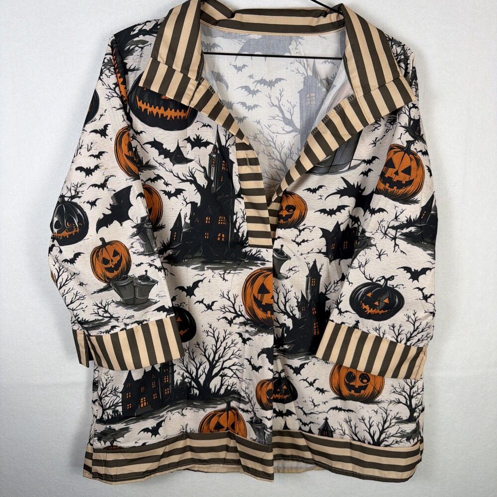 Cherry Betty Womens L Halloween Blouse Pumpkin Spooky Haunted House Stripe NWOT